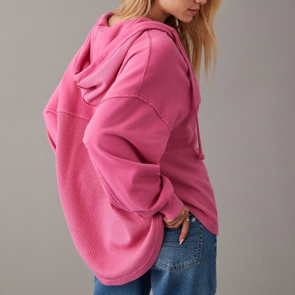 American Eagle Pink Big Hug Hooded Waffle Shacket - Picture 2 of 5